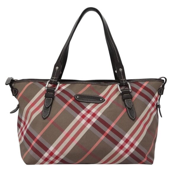 BURBERRY Nova Check Blue Label Hand Bag Nylon Red Brown Auth - Picture 2 of 16